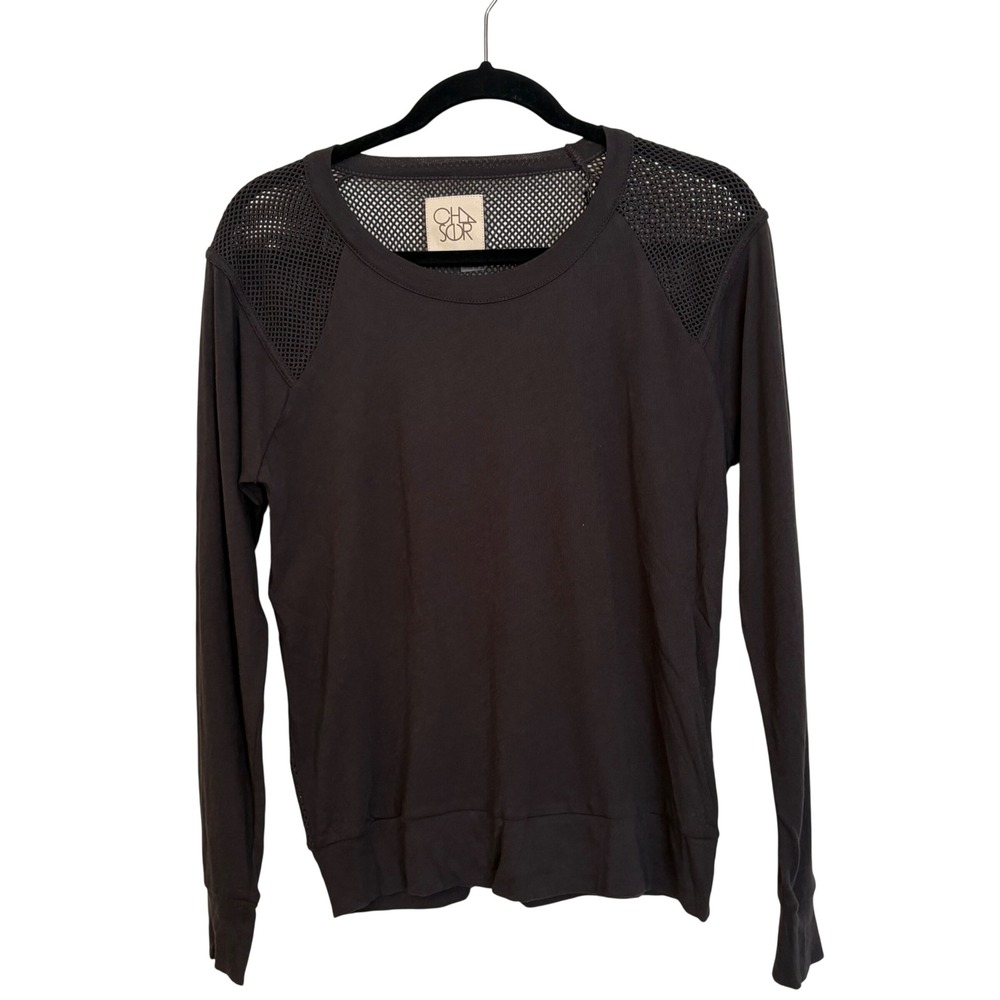 Chaser Womens Mesh Back Long Sleeve Top Charcoal Gray Crew Neck‎ Small NWT